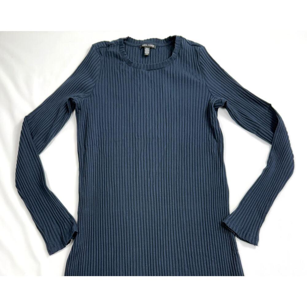 Eileen Fisher Sz M Navy Blue Textured Stretch Rib Crew Neck Dress MSRP $127 - Picture 4 of 9
